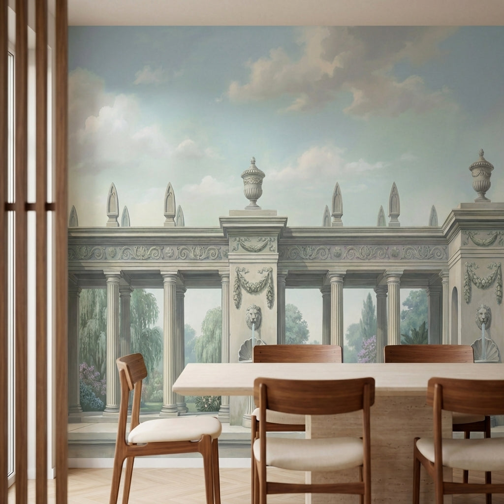 papier peint panoramique floral colonnade neoclassique fontaines lions jardins f-1