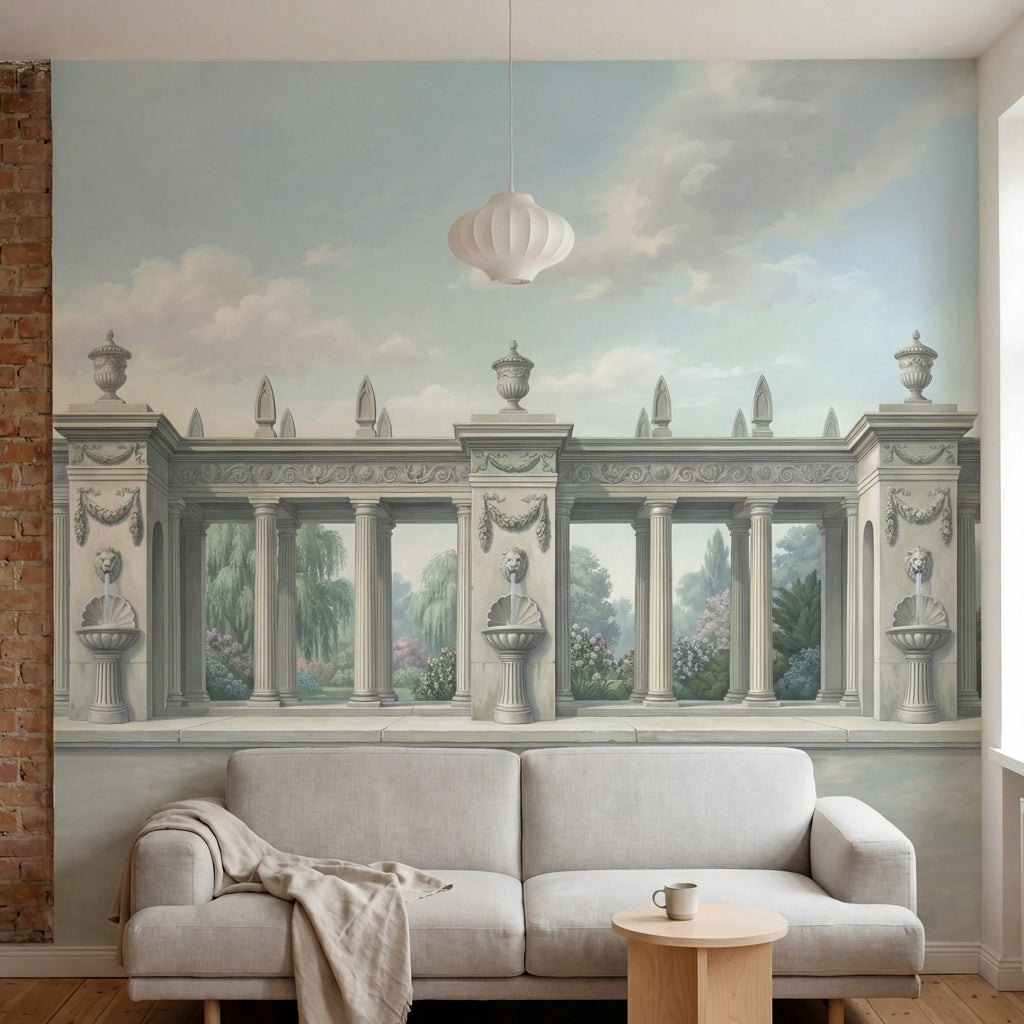 papier peint panoramique floral colonnade neoclassique fontaines lions jardins f-2