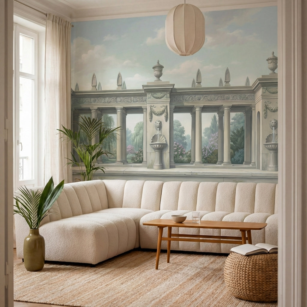 papier peint panoramique floral colonnade neoclassique fontaines lions jardins f-VARIANTE-6