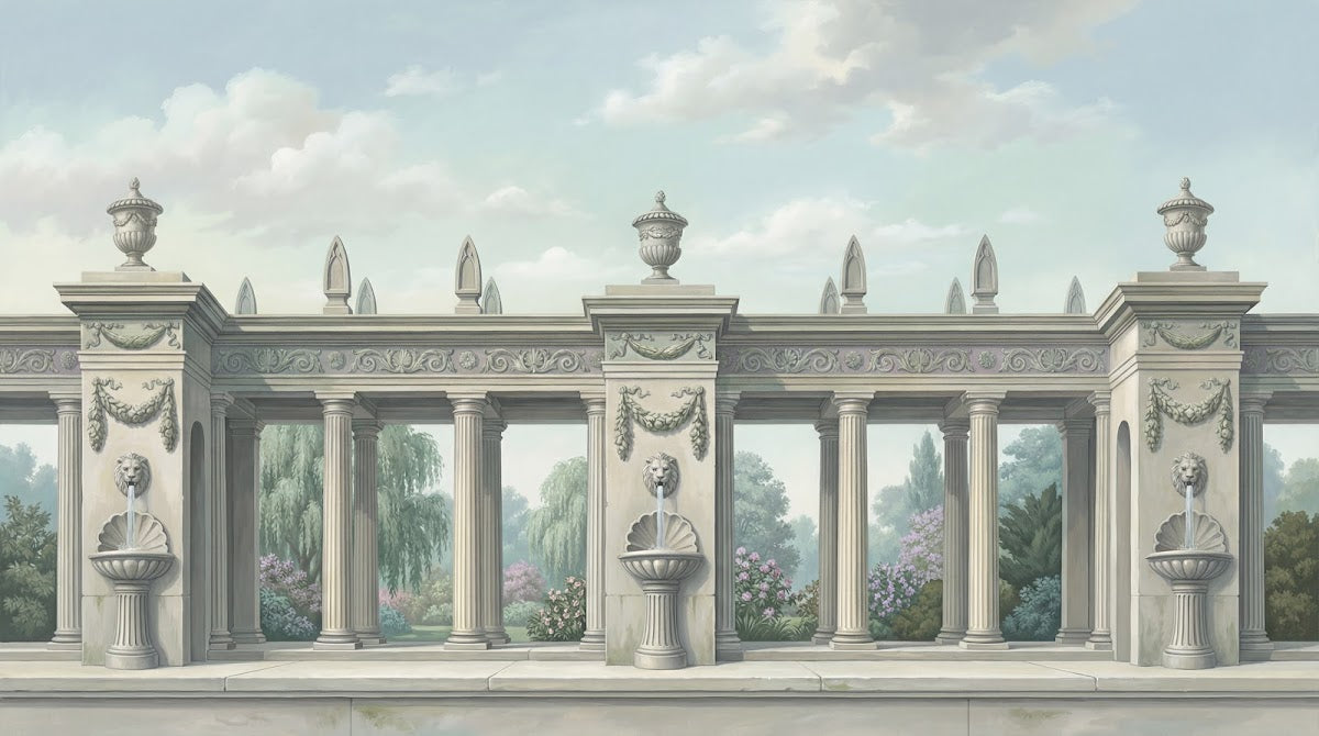Papier peint panoramique floral - Colonnade néoclassique fontaines lions jardins fleuris fond beige rosé et vert sur mesure - Design
