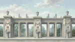 Papier peint panoramique floral - Colonnade néoclassique fontaines lions jardins fleuris fond beige rosé et vert sur mesure - Design