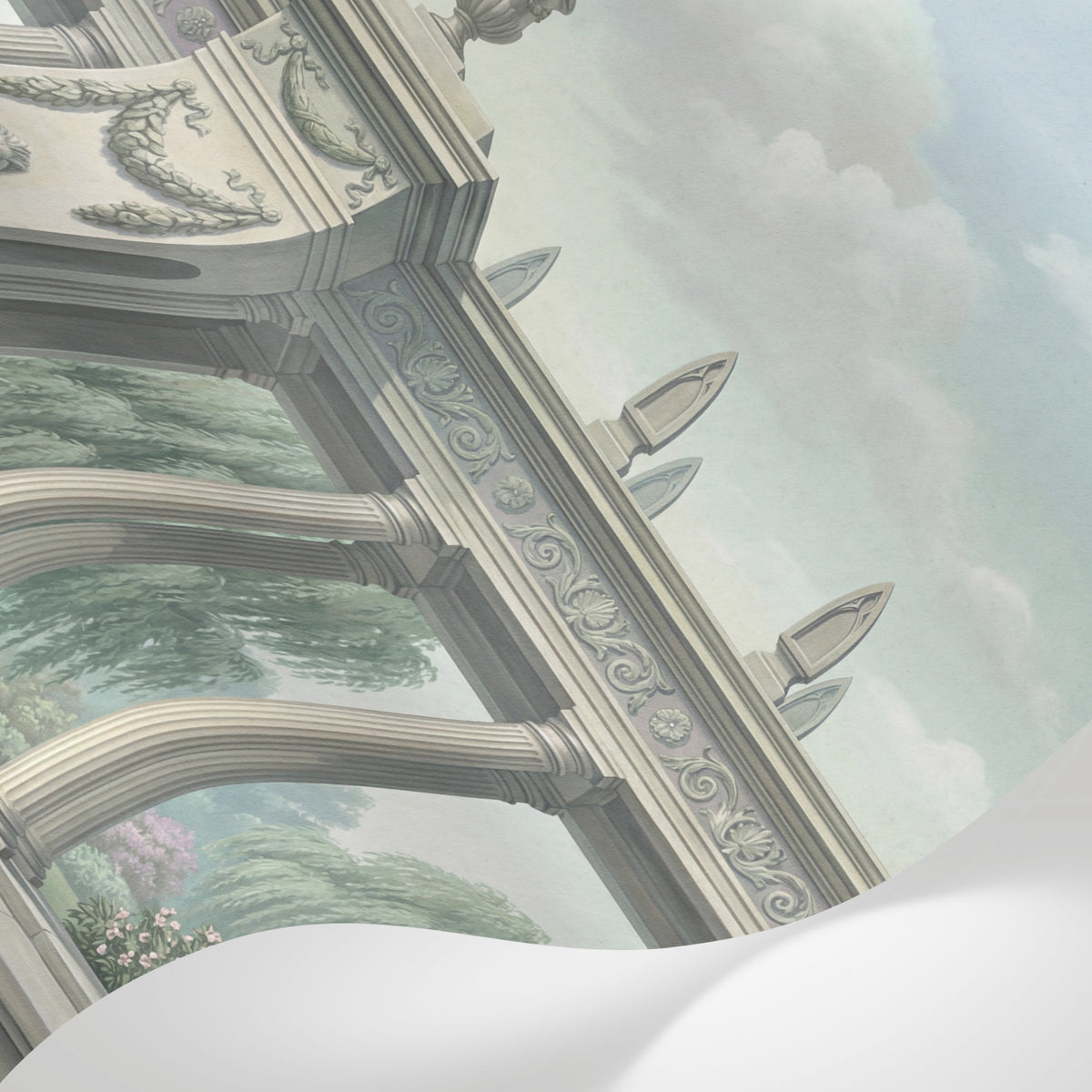 Papier peint panoramique floral - Colonnade néoclassique fontaines lions jardins fleuris fond beige rosé et vert sur mesure - Matière