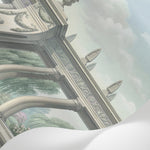 Papier peint panoramique floral - Colonnade néoclassique fontaines lions jardins fleuris fond beige rosé et vert sur mesure - Matière
