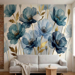 papier peint panoramique floral coquelicots aquarelle bleu gris feuillage dore f-1