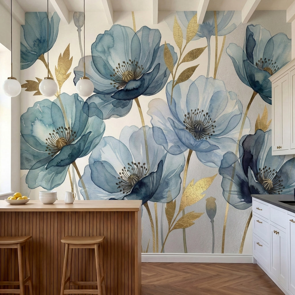 papier peint panoramique floral coquelicots aquarelle bleu gris feuillage dore f-2