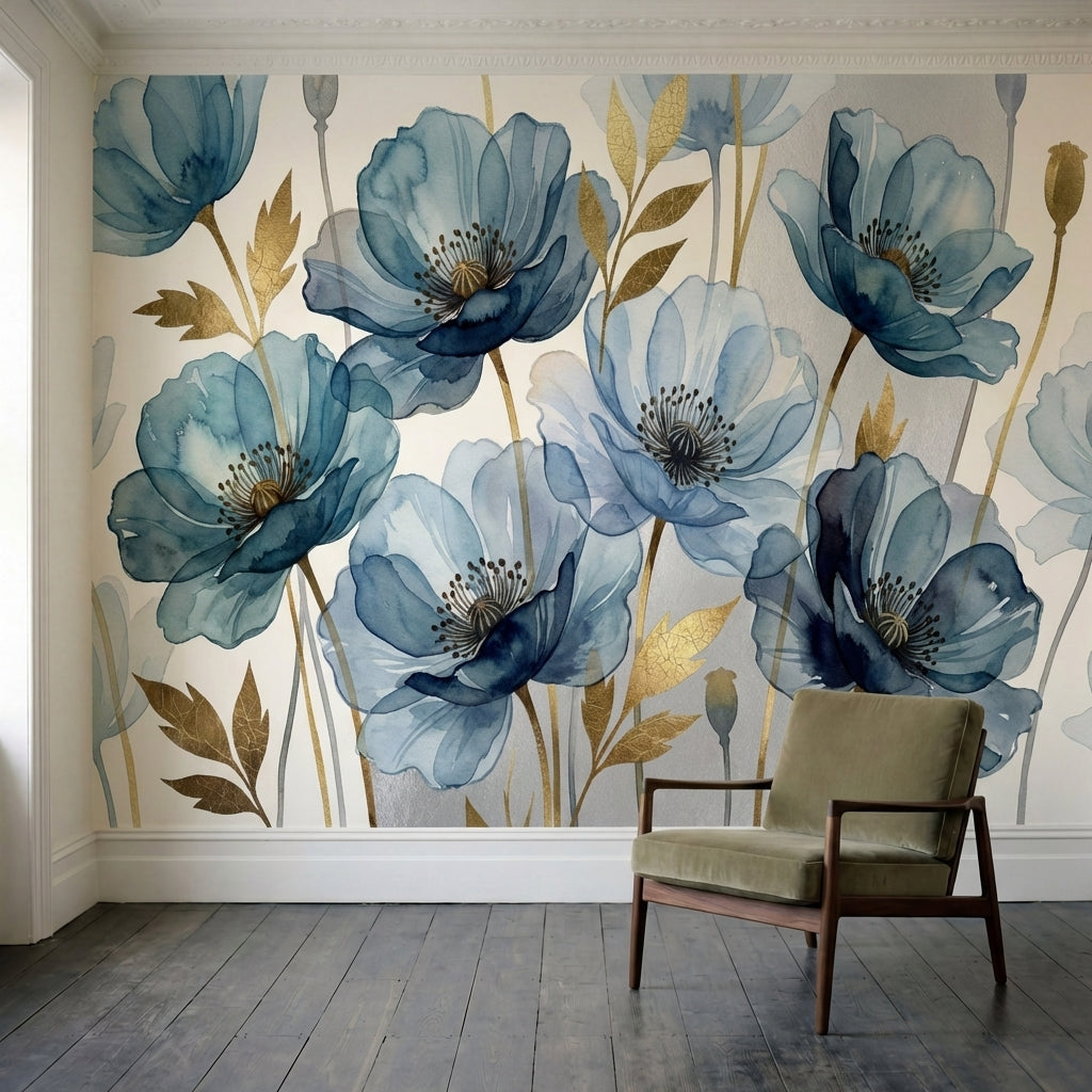 papier peint panoramique floral coquelicots aquarelle bleu gris feuillage dore f-3