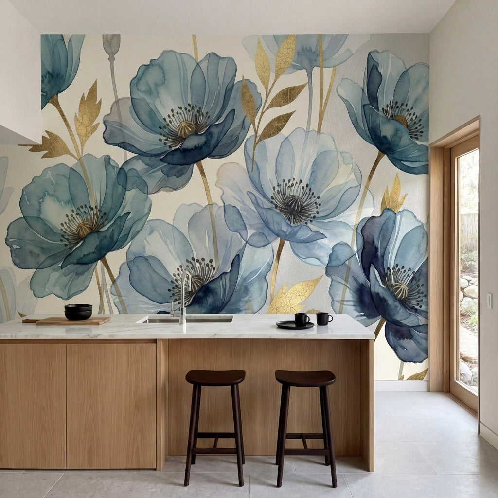 papier peint panoramique floral coquelicots aquarelle bleu gris feuillage dore f-4