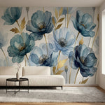 papier peint panoramique floral coquelicots aquarelle bleu gris feuillage dore f-5