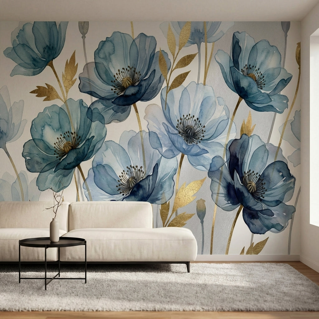 papier peint panoramique floral coquelicots aquarelle bleu gris feuillage dore f-5