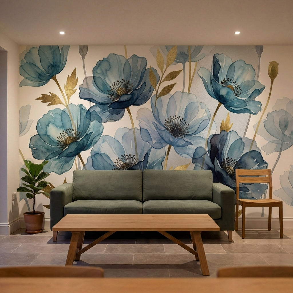 papier peint panoramique floral coquelicots aquarelle bleu gris feuillage dore f-8