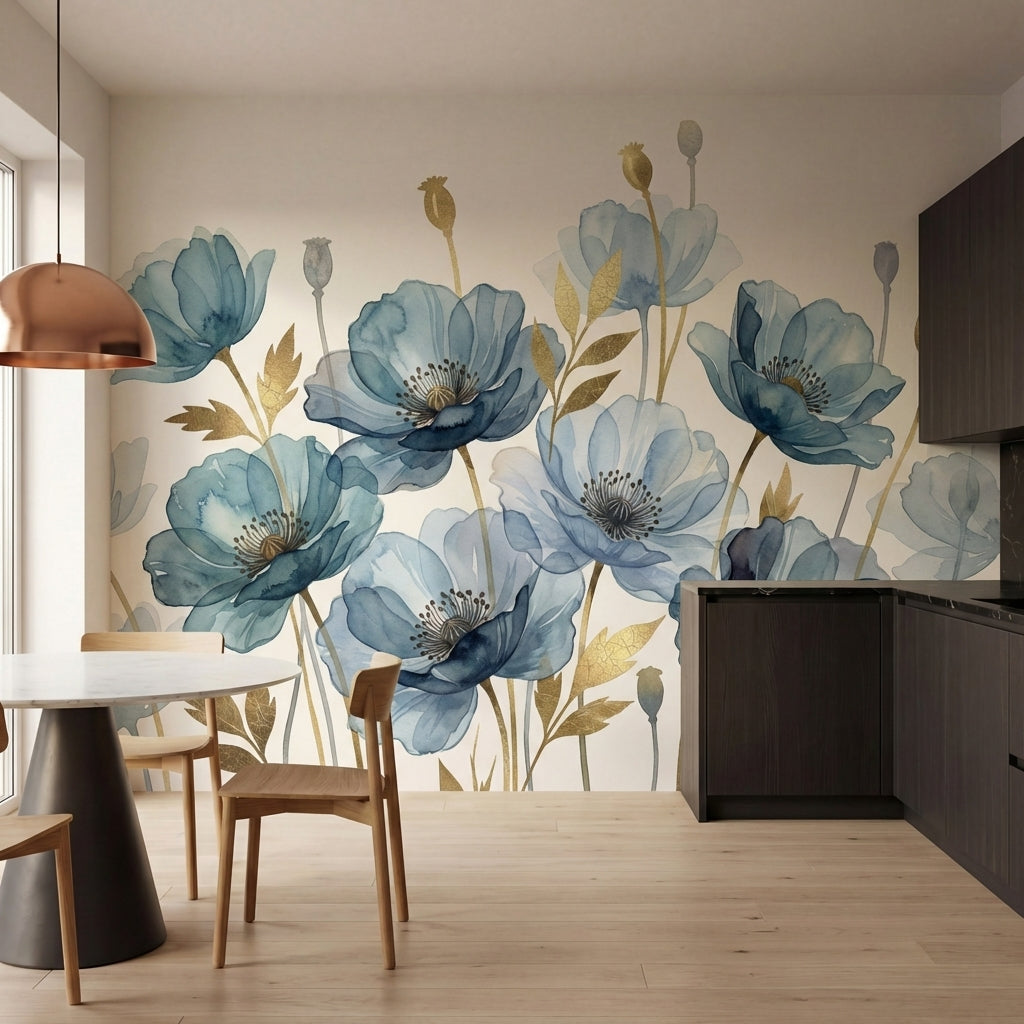 papier peint panoramique floral coquelicots aquarelle bleu gris feuillage dore f-HERO-10