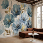 papier peint panoramique floral coquelicots aquarelle bleu gris feuillage dore f-HERO-6