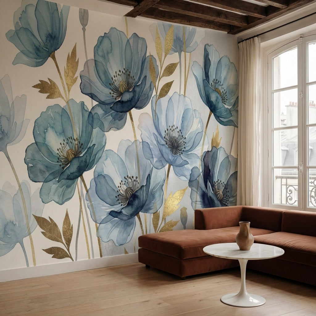 papier peint panoramique floral coquelicots aquarelle bleu gris feuillage dore f-HERO-6