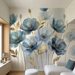 papier peint panoramique floral coquelicots aquarelle bleu gris feuillage dore f-HERO-7