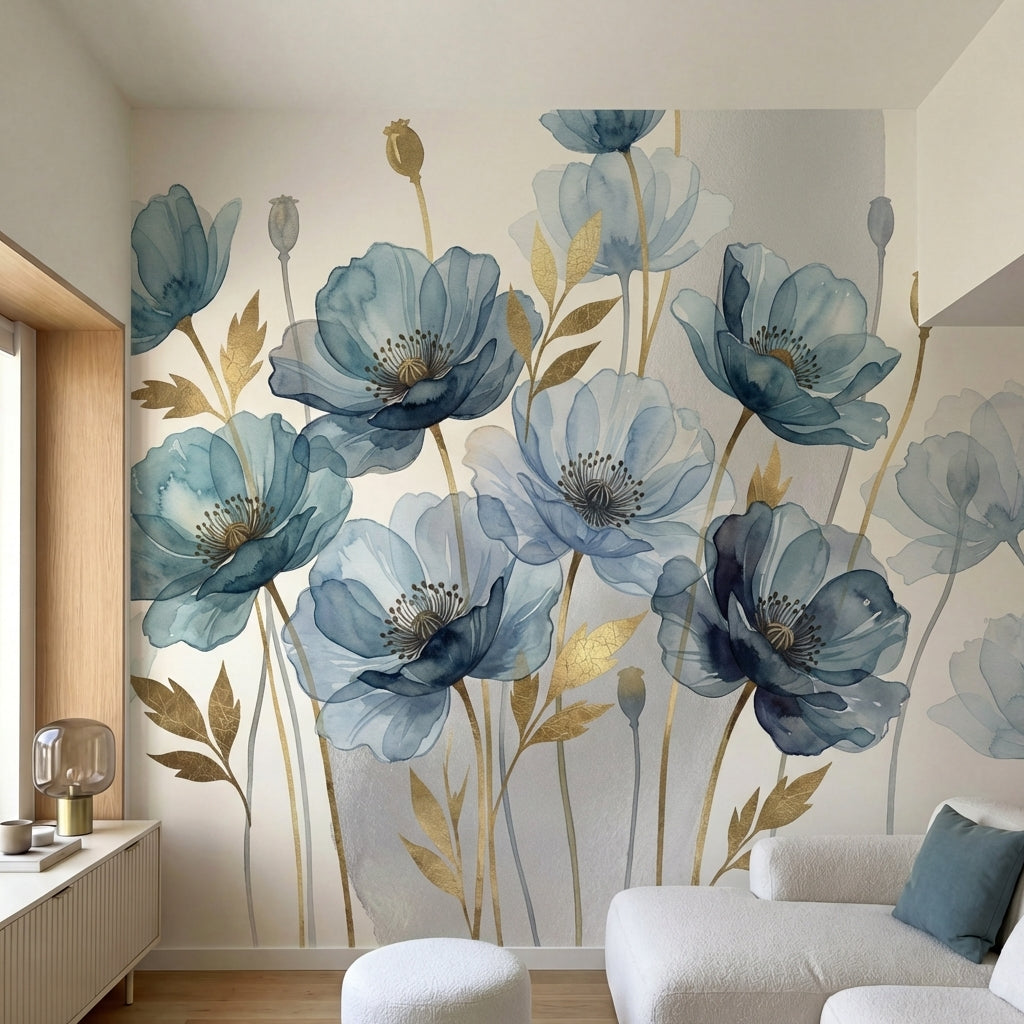 papier peint panoramique floral coquelicots aquarelle bleu gris feuillage dore f-HERO-7