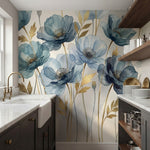 papier peint panoramique floral coquelicots aquarelle bleu gris feuillage dore f-HERO-8