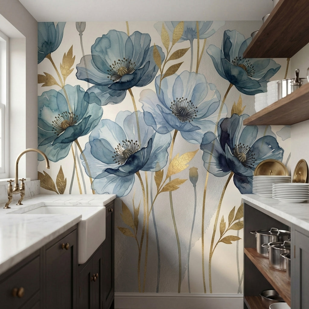 papier peint panoramique floral coquelicots aquarelle bleu gris feuillage dore f-HERO-8