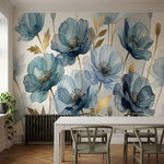 papier peint panoramique floral coquelicots aquarelle bleu gris feuillage dore f-HERO-9