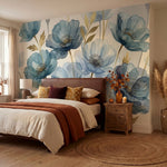 papier peint panoramique floral coquelicots aquarelle bleu gris feuillage dore f-VARIANTE-6