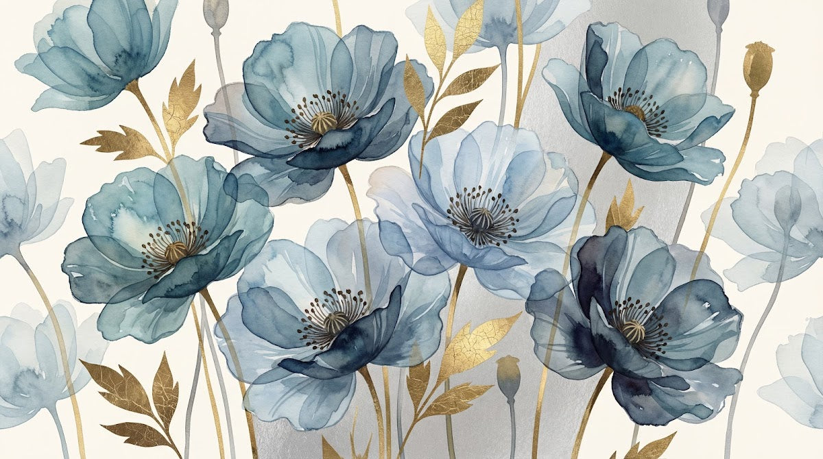 Papier peint panoramique floral - Coquelicots aquarelle bleu gris feuillage doré fond blanc crème sur mesure - Design