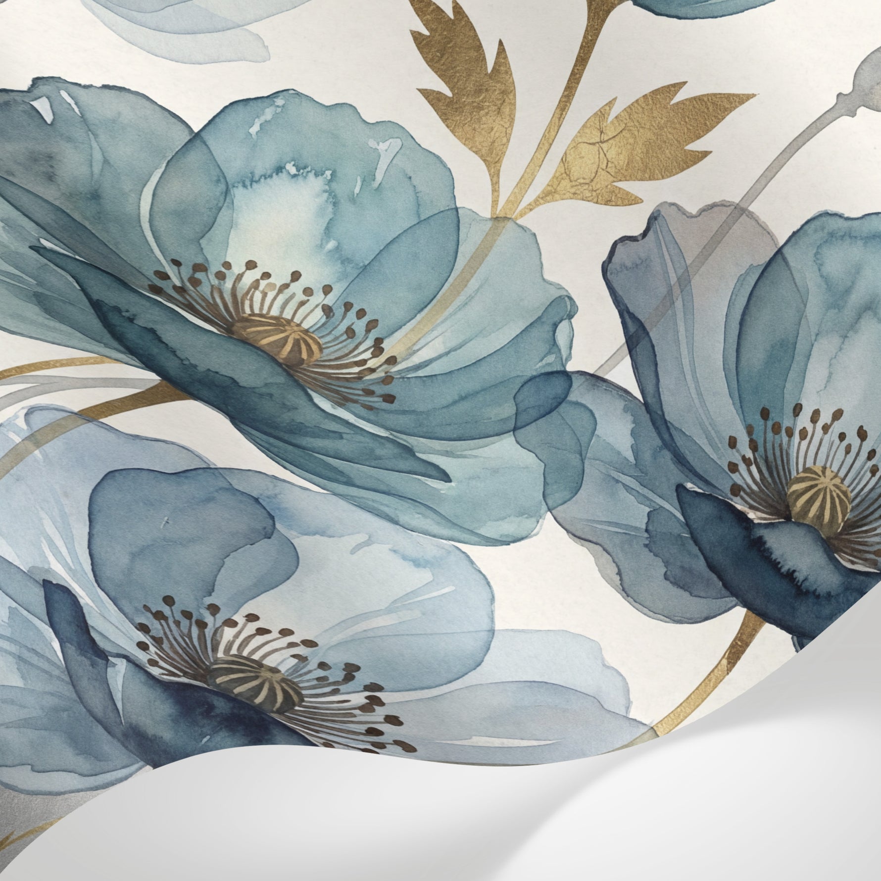Papier peint panoramique floral - Coquelicots aquarelle bleu gris feuillage doré fond blanc crème sur mesure - Matière