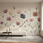 papier peint panoramique floral coquelicots aquarelle pavots sauvages tons rose -2