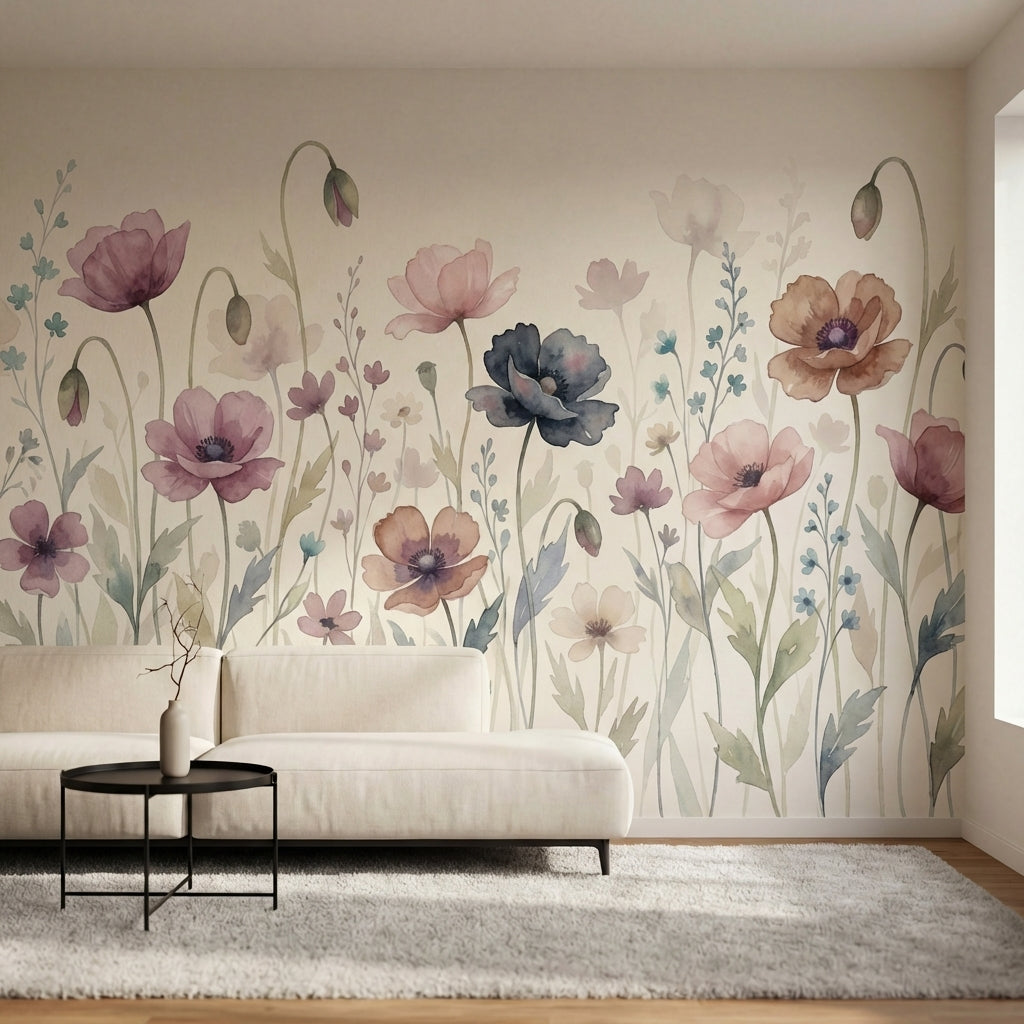 papier peint panoramique floral coquelicots aquarelle pavots sauvages tons rose -2