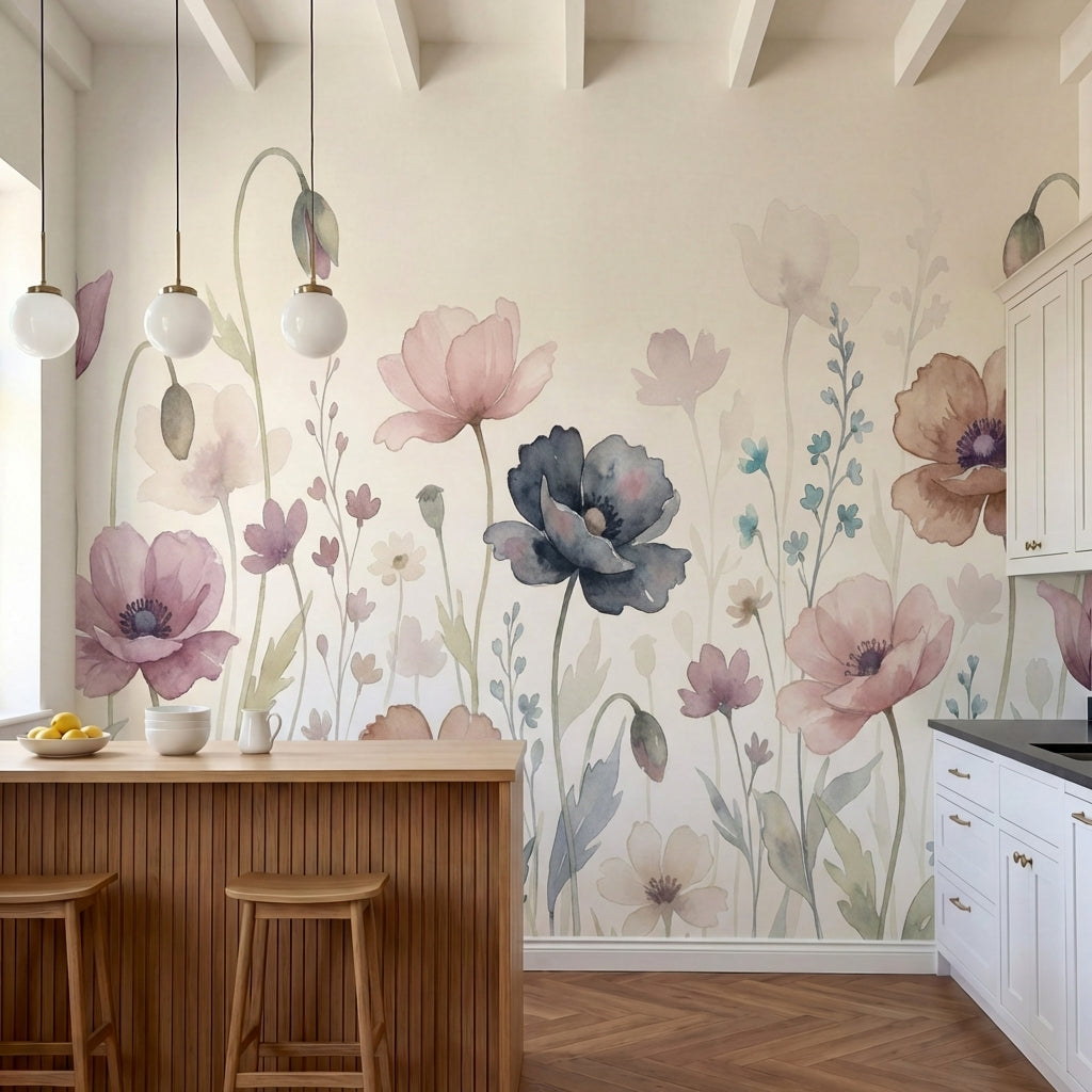 papier peint panoramique floral coquelicots aquarelle pavots sauvages tons rose -5