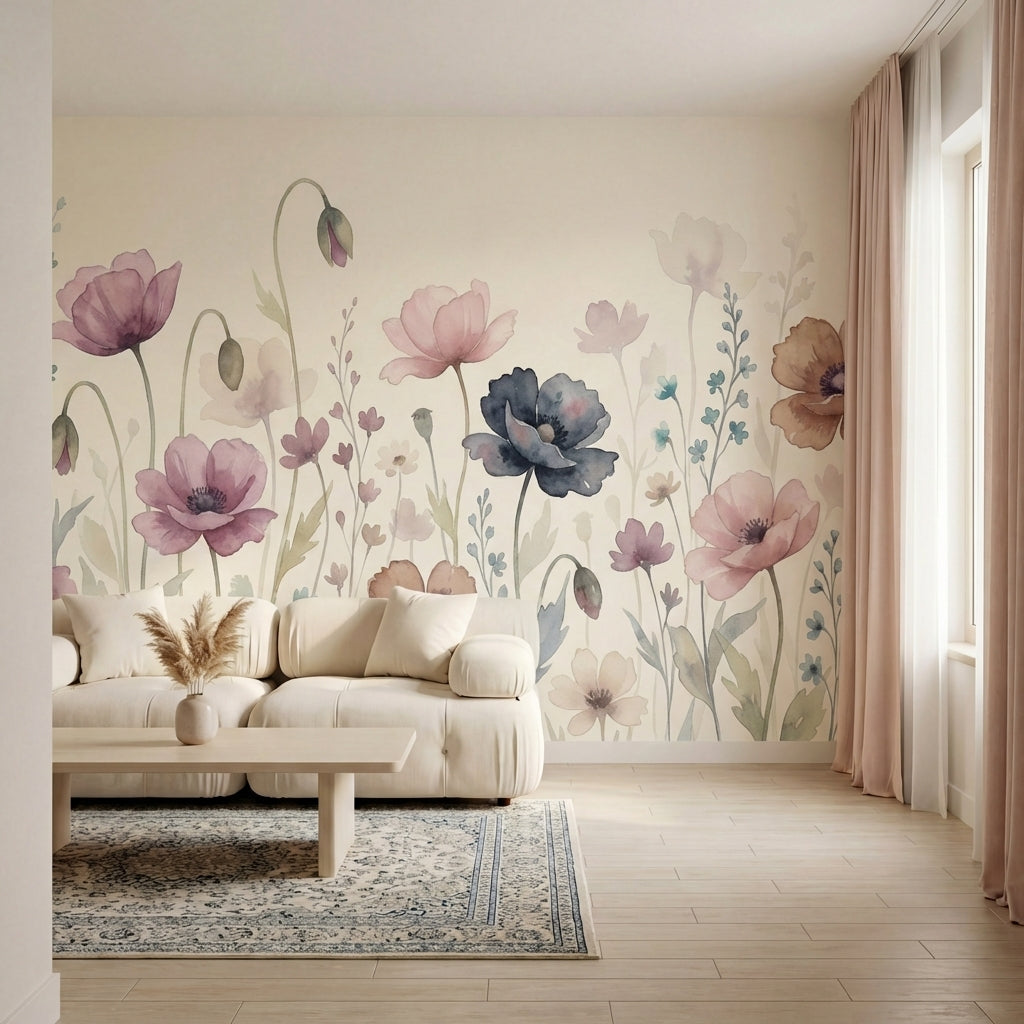 papier peint panoramique floral coquelicots aquarelle pavots sauvages tons rose -VARIANTE-10