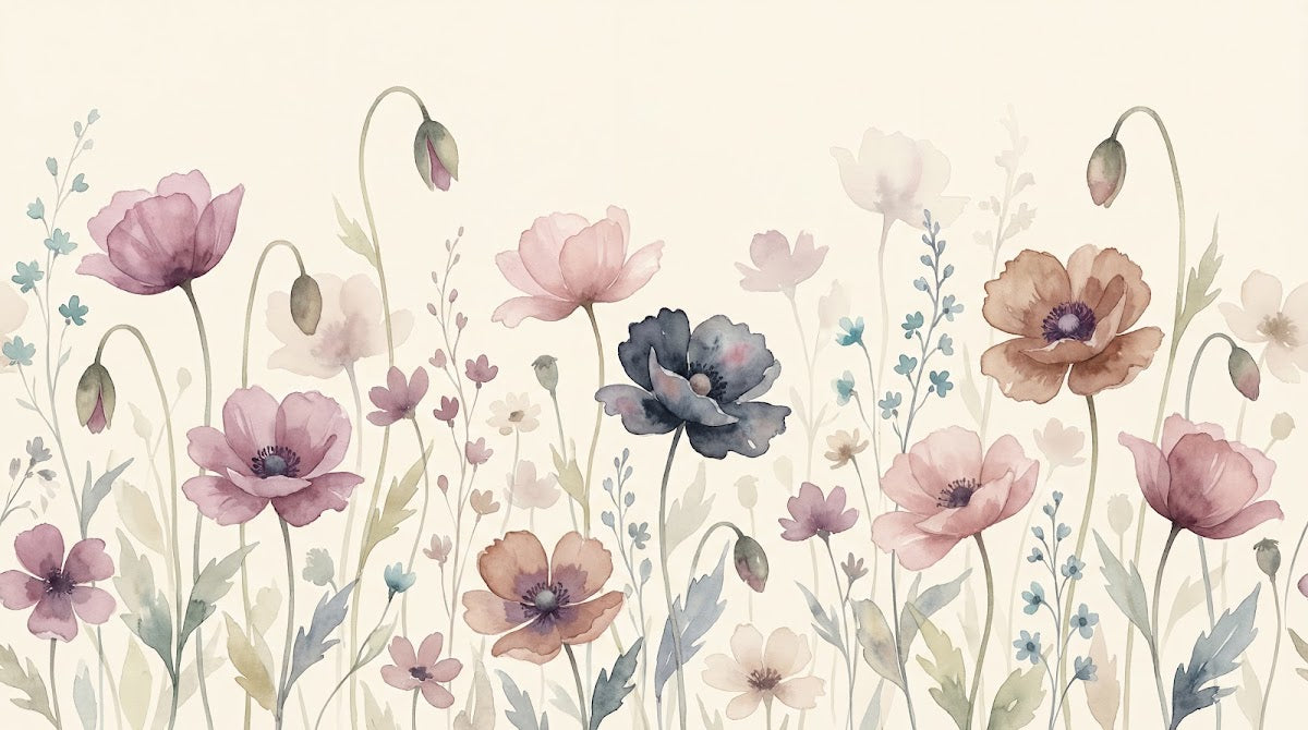 Papier peint panoramique floral - Coquelicots aquarelle pavots sauvages tons rose poudré et beige crème sur mesure - Design