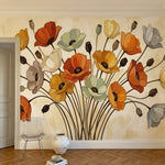 papier peint panoramique floral coquelicots orange jaune blanc sur tiges elancee-1