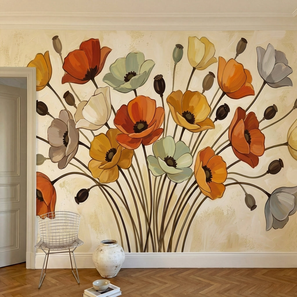 papier peint panoramique floral coquelicots orange jaune blanc sur tiges elancee-1
