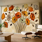 papier peint panoramique floral coquelicots orange jaune blanc sur tiges elancee-2