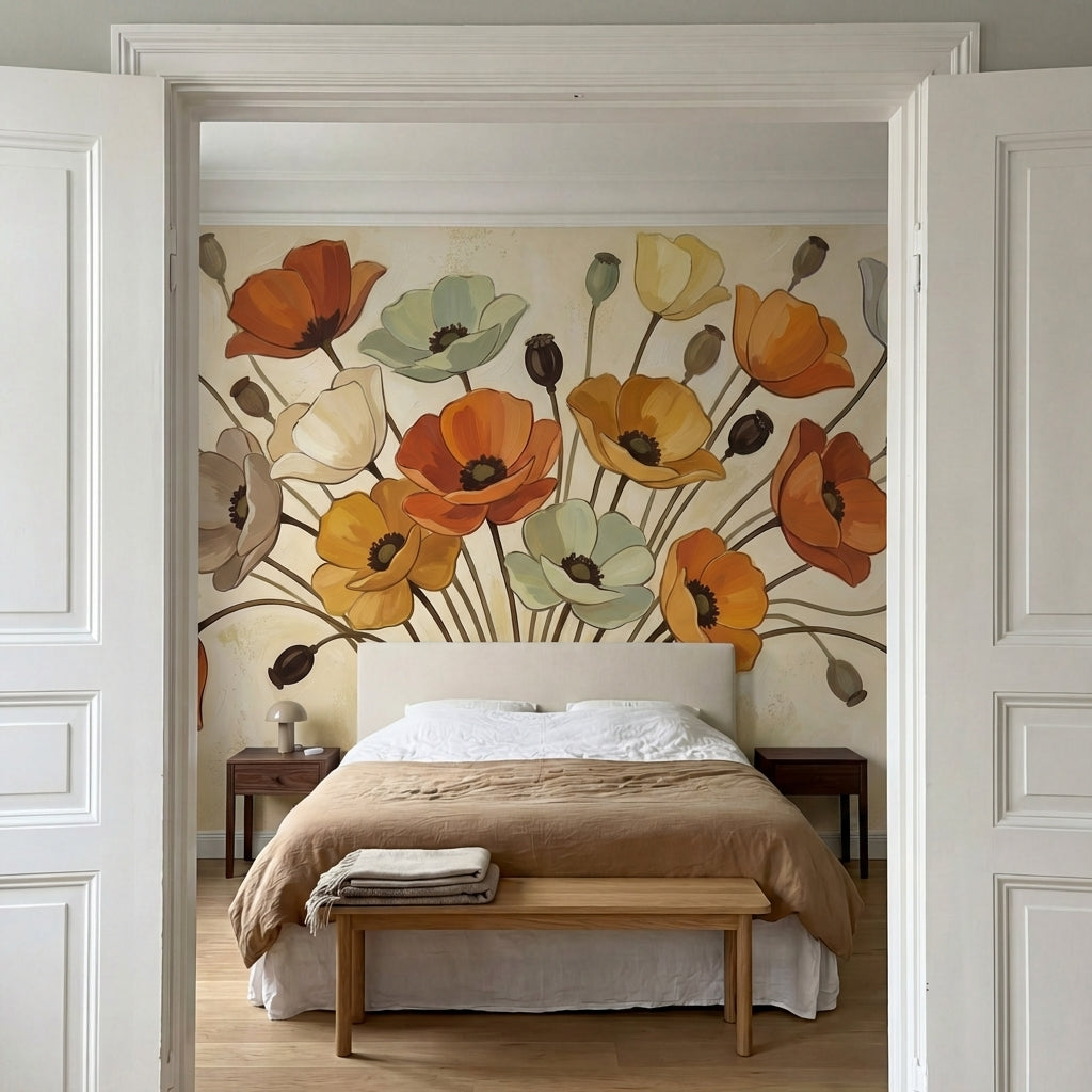 papier peint panoramique floral coquelicots orange jaune blanc sur tiges elancee-8