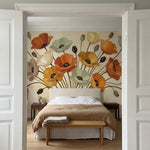 papier peint panoramique floral coquelicots orange jaune blanc sur tiges elancee-8