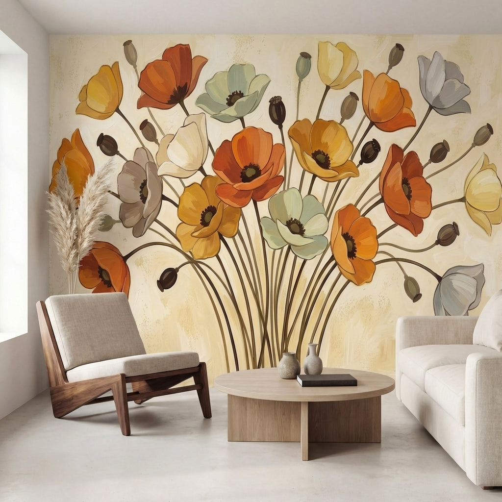 papier peint panoramique floral coquelicots orange jaune blanc sur tiges elancee-VARIANTE-10