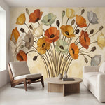 papier peint panoramique floral coquelicots orange jaune blanc sur tiges elancee-VARIANTE-10