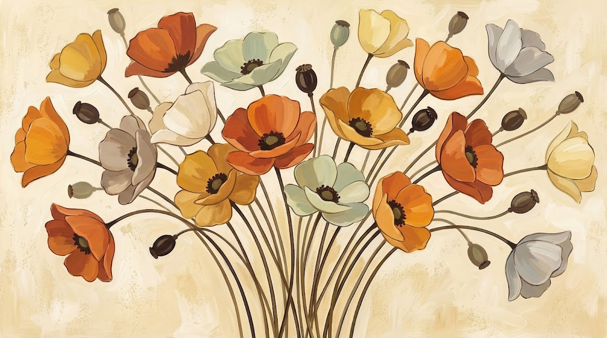 Papier peint panoramique floral - Coquelicots orange jaune blanc sur tiges élancées fond beige crème sur mesure - Design