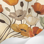 Papier peint panoramique floral - Coquelicots orange jaune blanc sur tiges élancées fond beige crème sur mesure - Matière