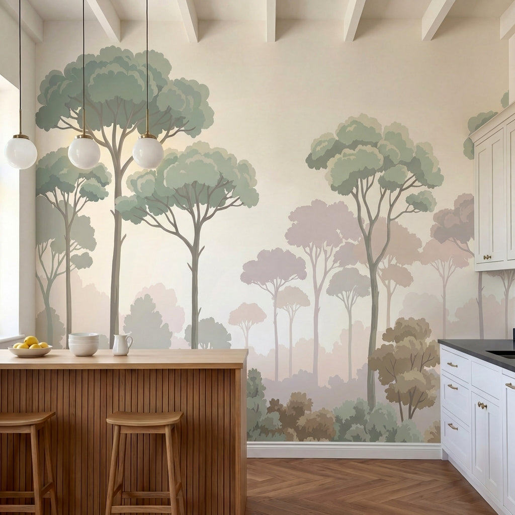 papier peint panoramique floral foret eucalyptus branchages superposes tons vert-1