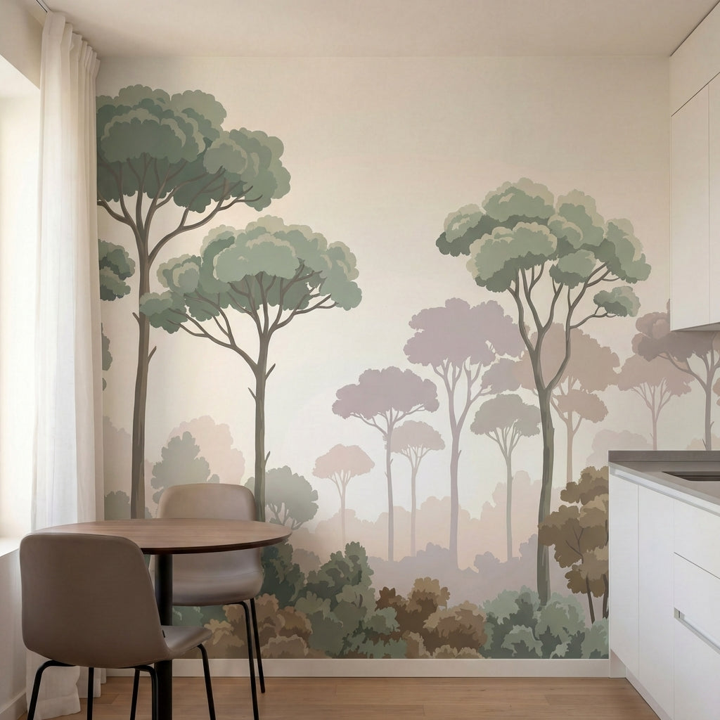 papier peint panoramique floral foret eucalyptus branchages superposes tons vert-3