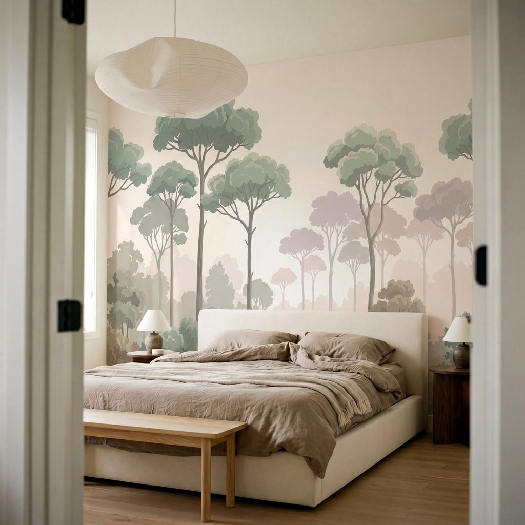 papier peint panoramique floral foret eucalyptus branchages superposes tons vert-VARIANTE-10