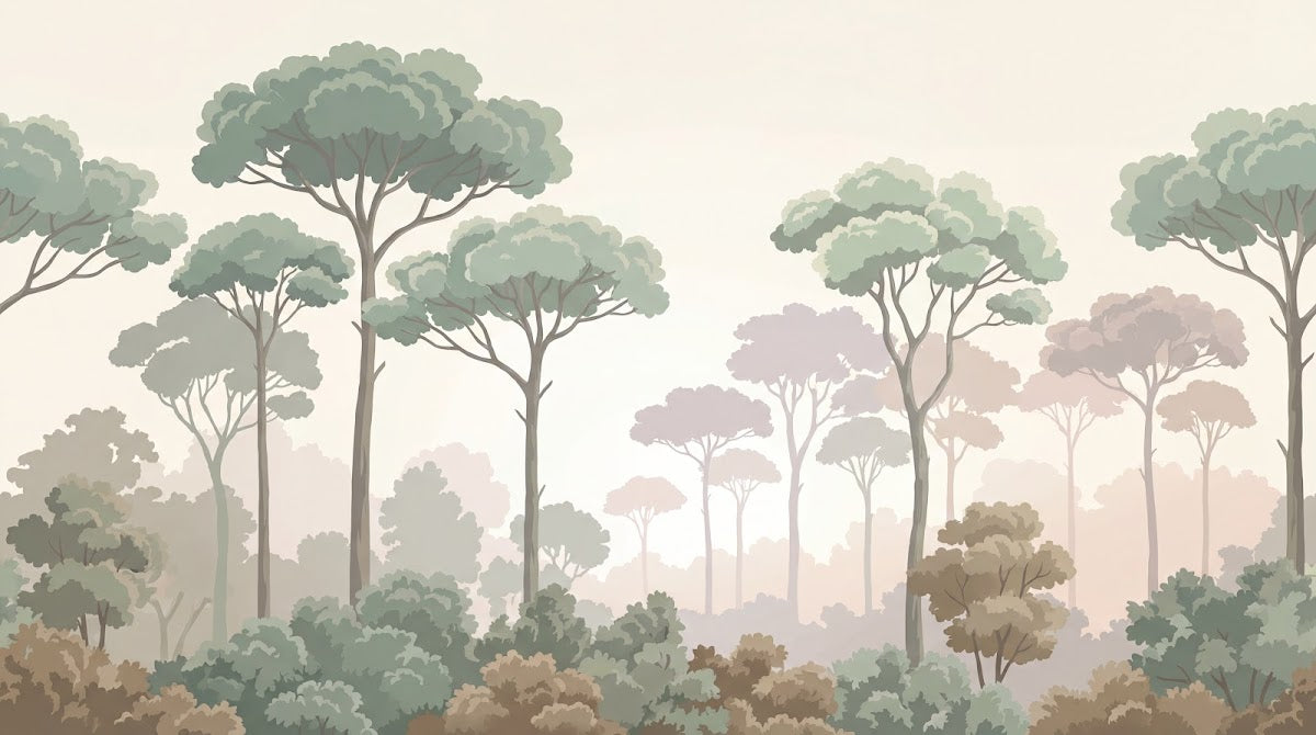 Papier peint panoramique floral - Forêt eucalyptus branchages superposés tons vert sauge et beige crème sur mesure - Design
