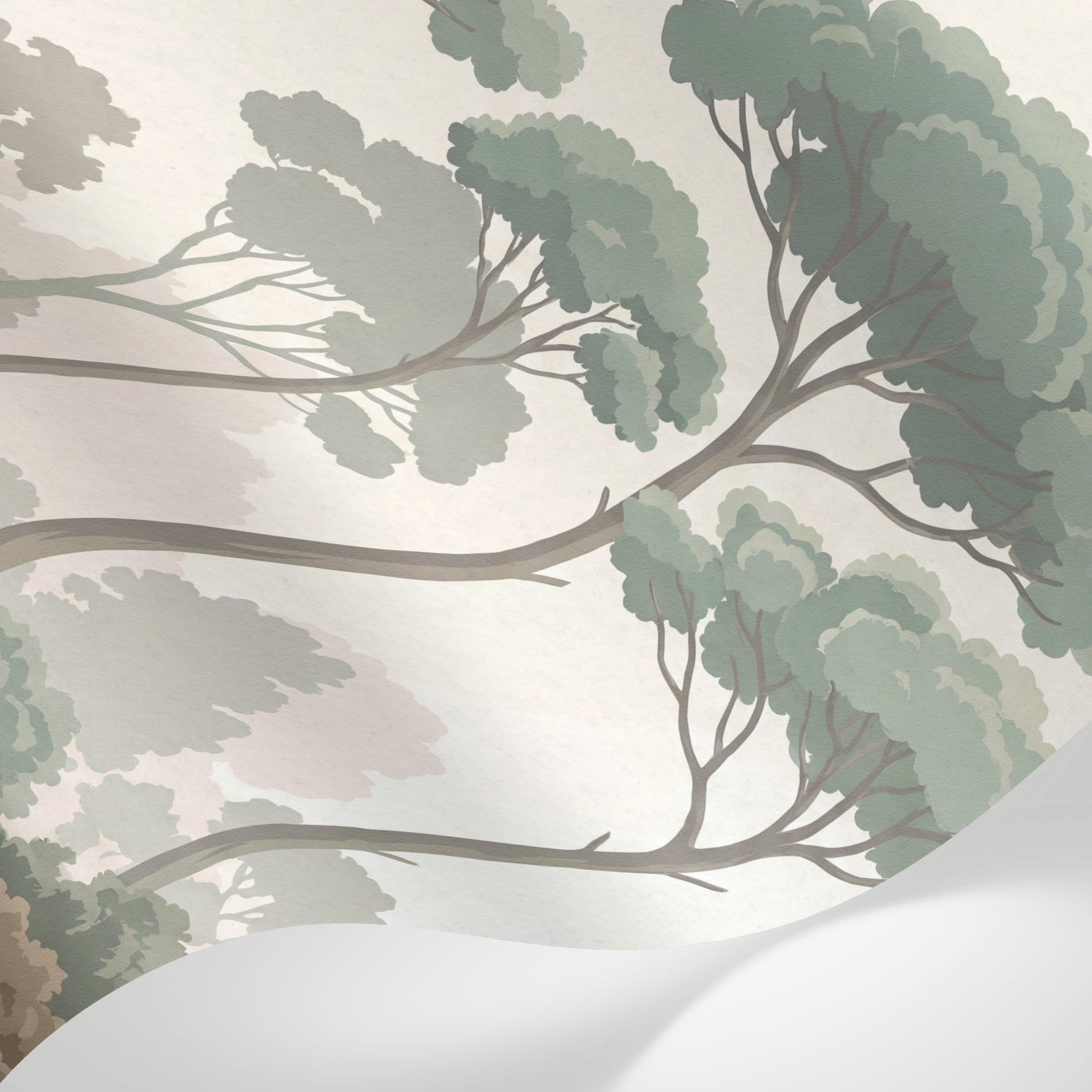 Papier peint panoramique floral - Forêt eucalyptus branchages superposés tons vert sauge et beige crème sur mesure - Matière