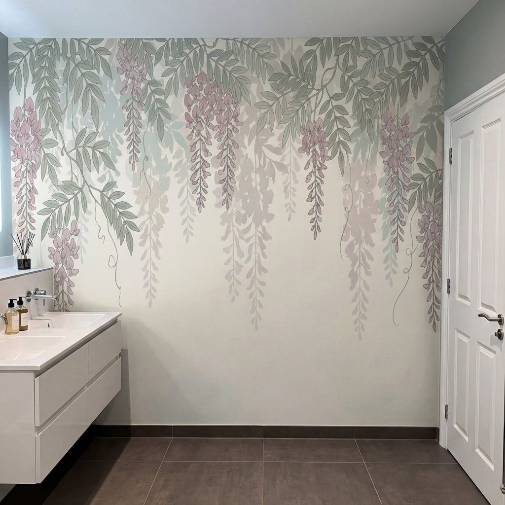 papier peint panoramique floral glycines violettes pendantes feuillage vert oliv-6