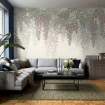 papier peint panoramique floral glycines violettes pendantes feuillage vert oliv-7