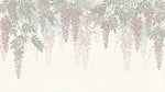 Papier peint panoramique floral - Glycines violettes pendantes feuillage vert olive fond beige rosé sur mesure - Design