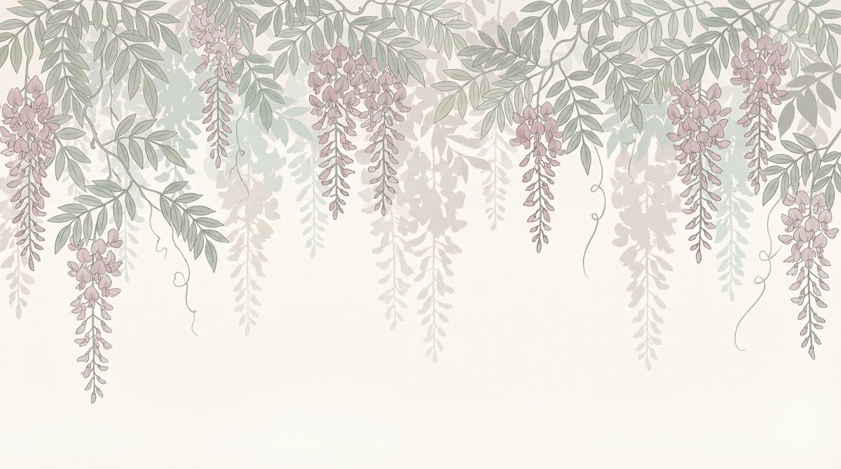 Papier peint panoramique floral - Glycines violettes pendantes feuillage vert olive fond beige rosé sur mesure - Design