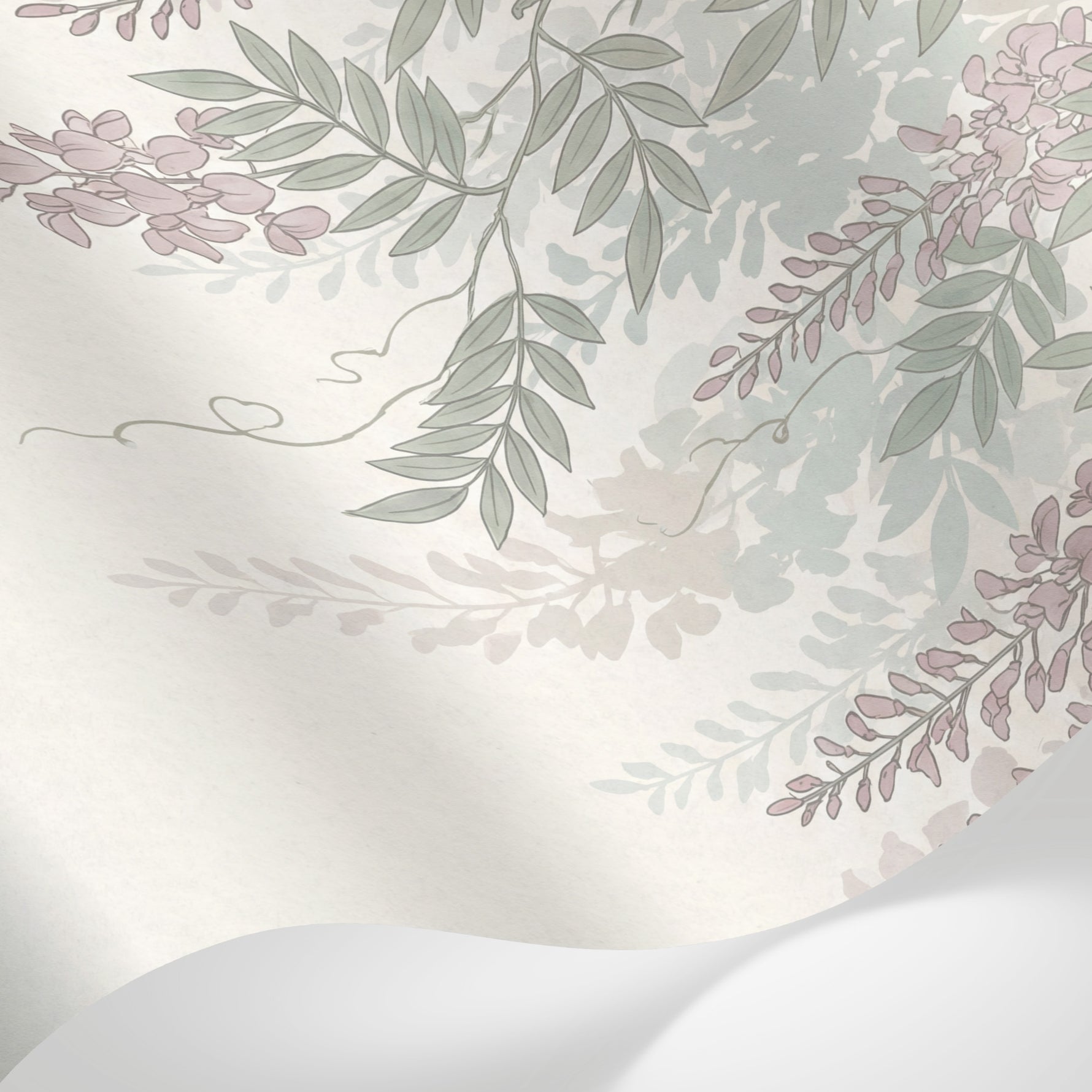 Papier peint panoramique floral - Glycines violettes pendantes feuillage vert olive fond beige rosé sur mesure - Matière