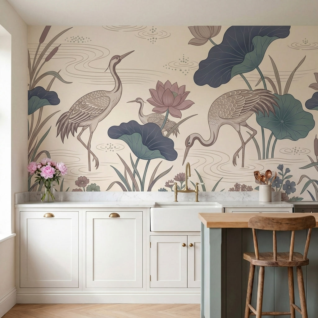 papier peint panoramique floral herons lotus nenuphars etang aquatique fond beig-1
